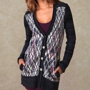 Free People We the Free Foxtrot Cardigan Navy Multi Grampa Sweater Cotton Wool
